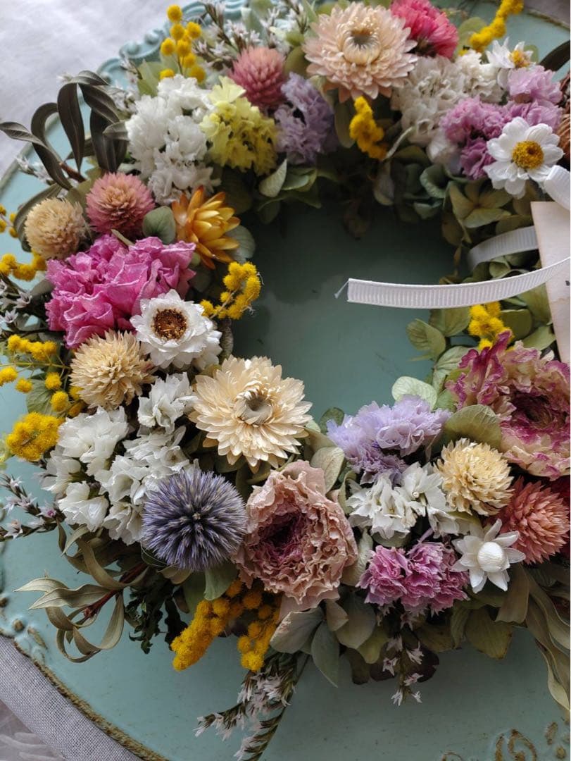 SALE❣️ラナンキュラスとミモザのラウンドリース☆ミニスワッグをそえて