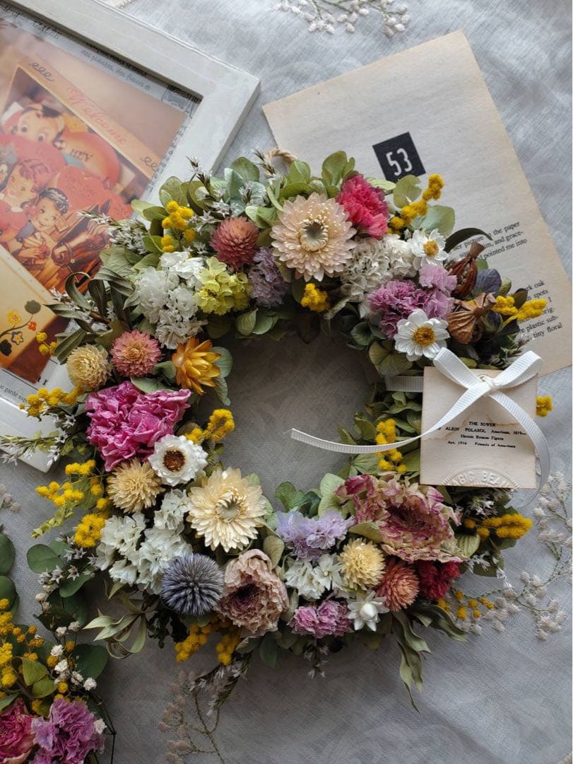 SALE❣️ラナンキュラスとミモザのラウンドリース☆ミニスワッグをそえて