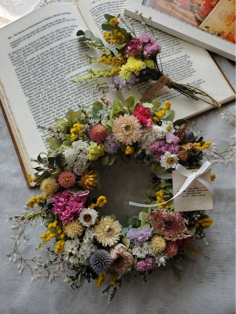 SALE❣️ラナンキュラスとミモザのラウンドリース☆ミニスワッグをそえて