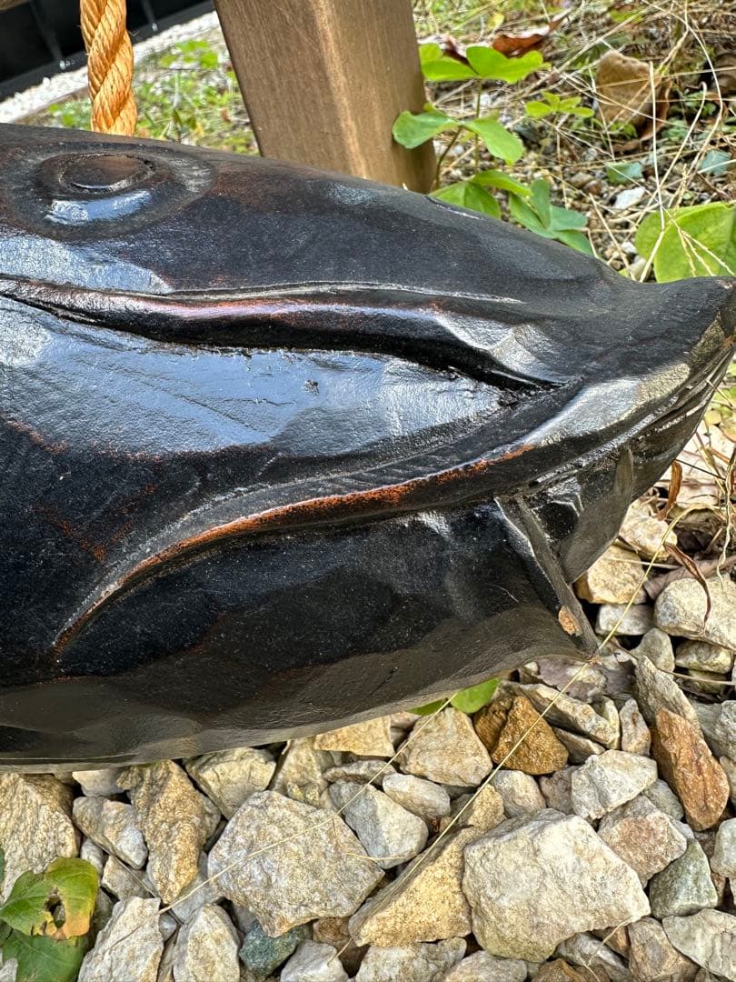 囲炉裏　自在鉤　木彫り　魚(鯉)