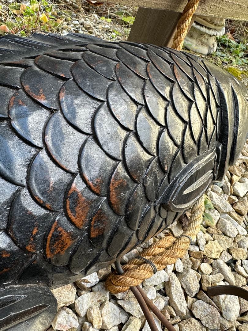 囲炉裏　自在鉤　木彫り　魚(鯉)