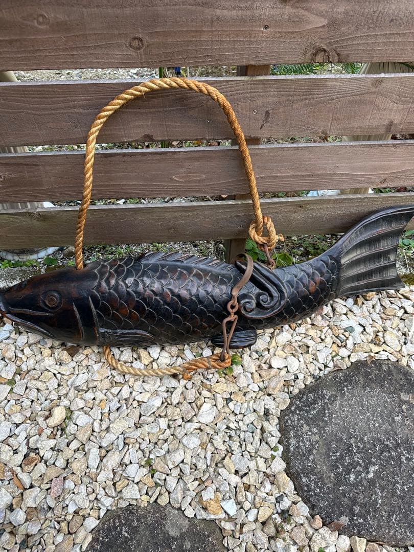 囲炉裏　自在鉤　木彫り　魚(鯉)