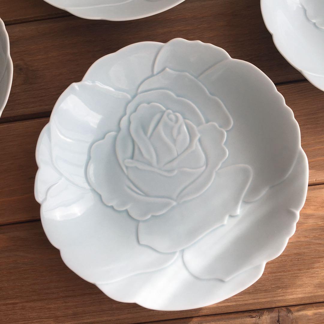 香蘭社 青磁バラ中皿5枚セット18㎝ 未使用品 薔薇レリーフ