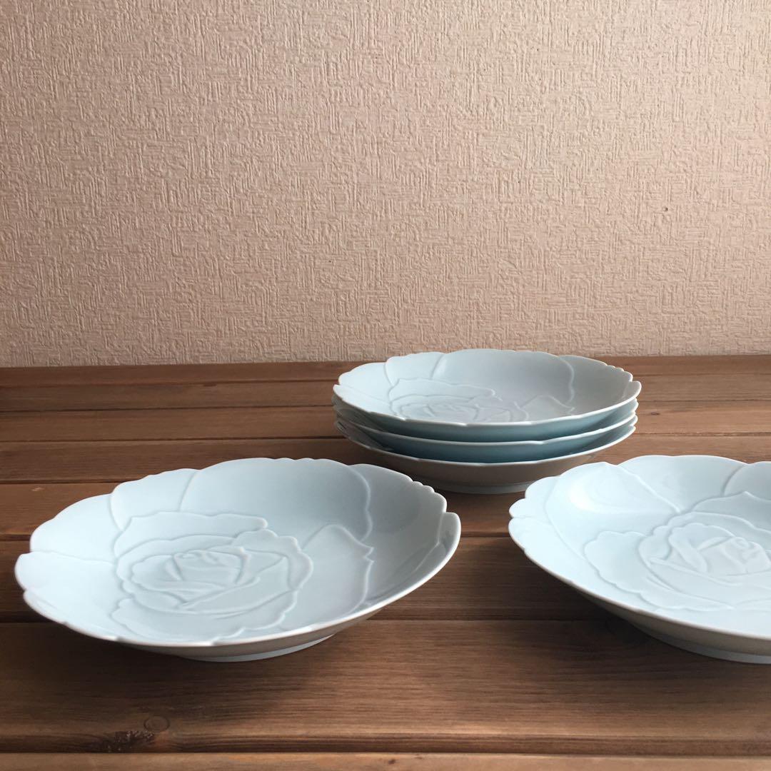 香蘭社 青磁バラ中皿5枚セット18㎝ 未使用品 薔薇レリーフ