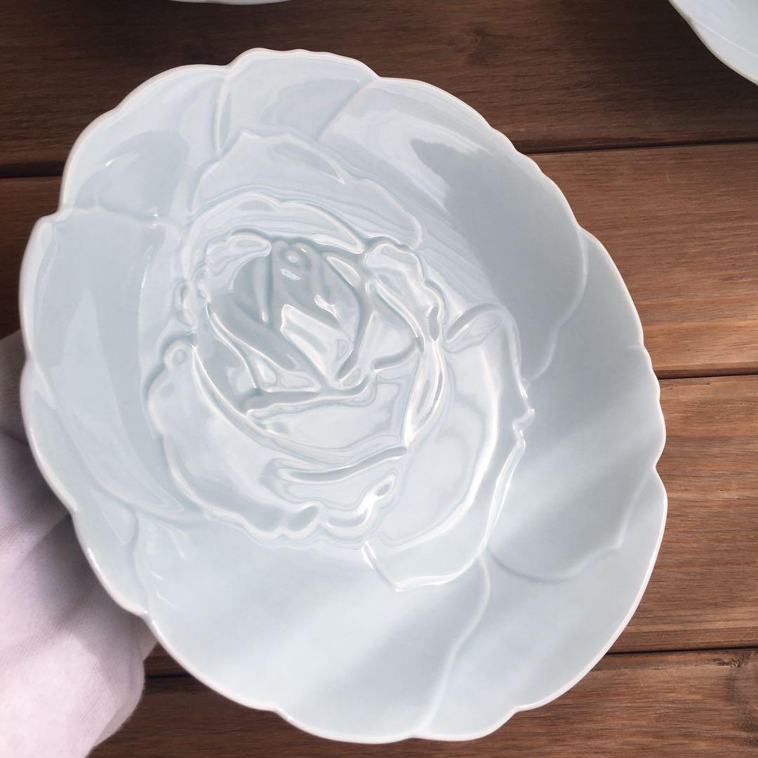 香蘭社 青磁バラ中皿5枚セット18㎝ 未使用品 薔薇レリーフ
