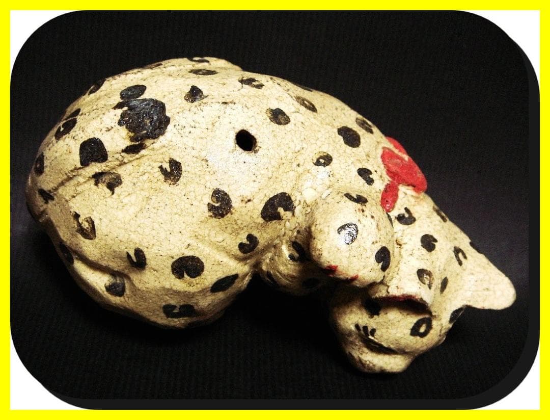 ma602⑦『ユキヒョウ 招き猫 横』陶器　/骨董品 古美術 アンティーク 古玩