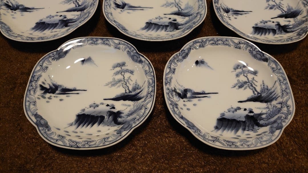 古伊万里　伊万里　染付　隅切り皿　山水　蔵出し　７客