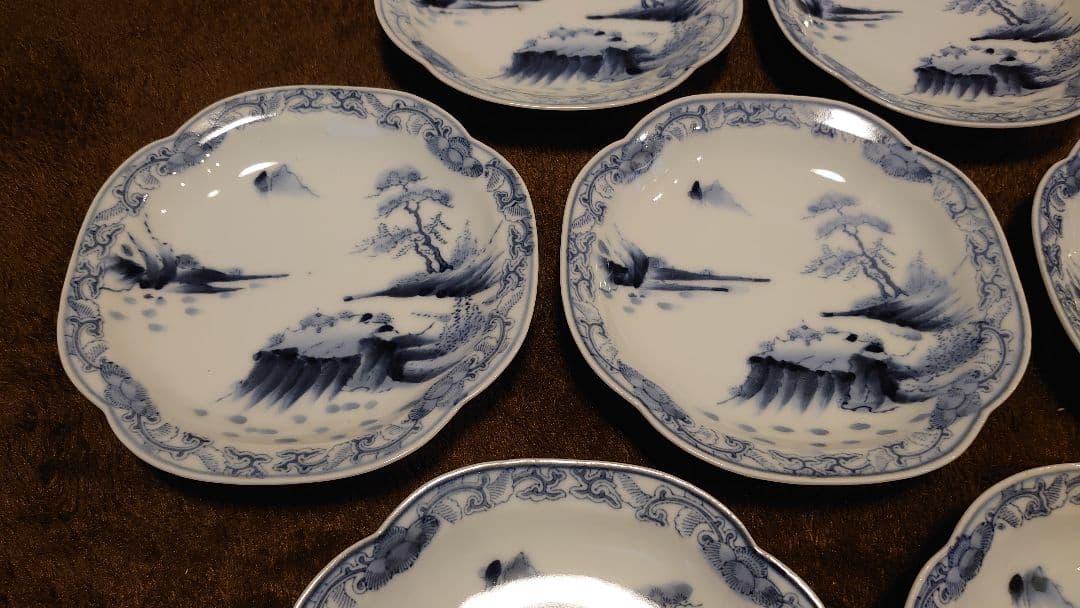 古伊万里　伊万里　染付　隅切り皿　山水　蔵出し　７客