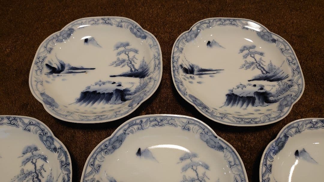 古伊万里　伊万里　染付　隅切り皿　山水　蔵出し　７客