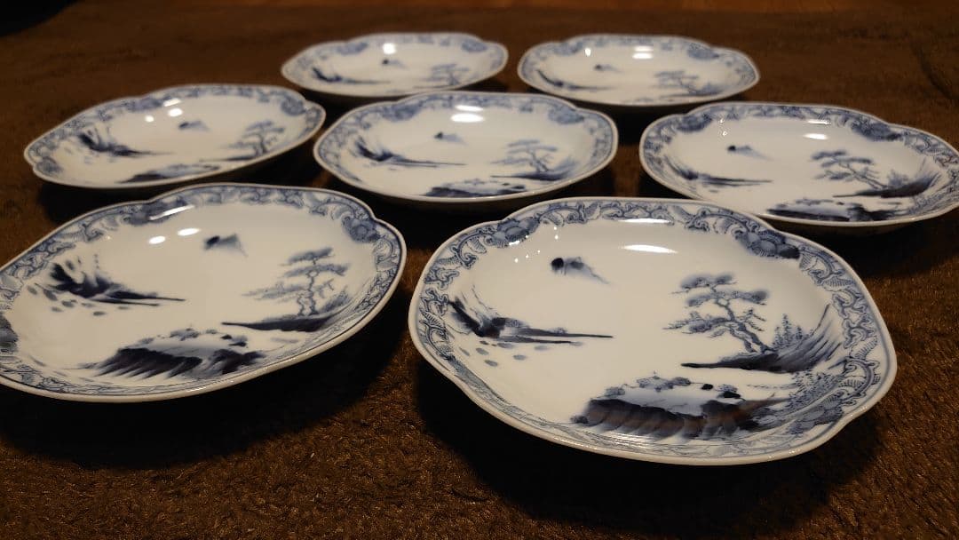 古伊万里　伊万里　染付　隅切り皿　山水　蔵出し　７客