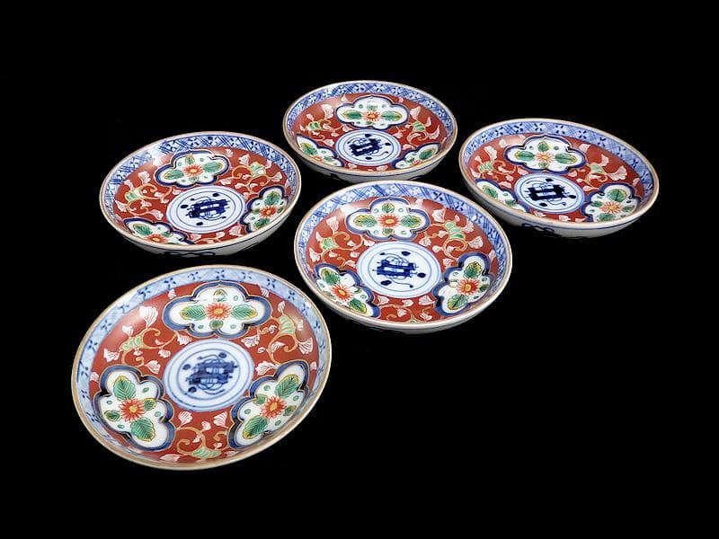 大聖寺伊万里　色絵　窓絵　菊に唐草の図　４寸皿　５客　A136A-CBe