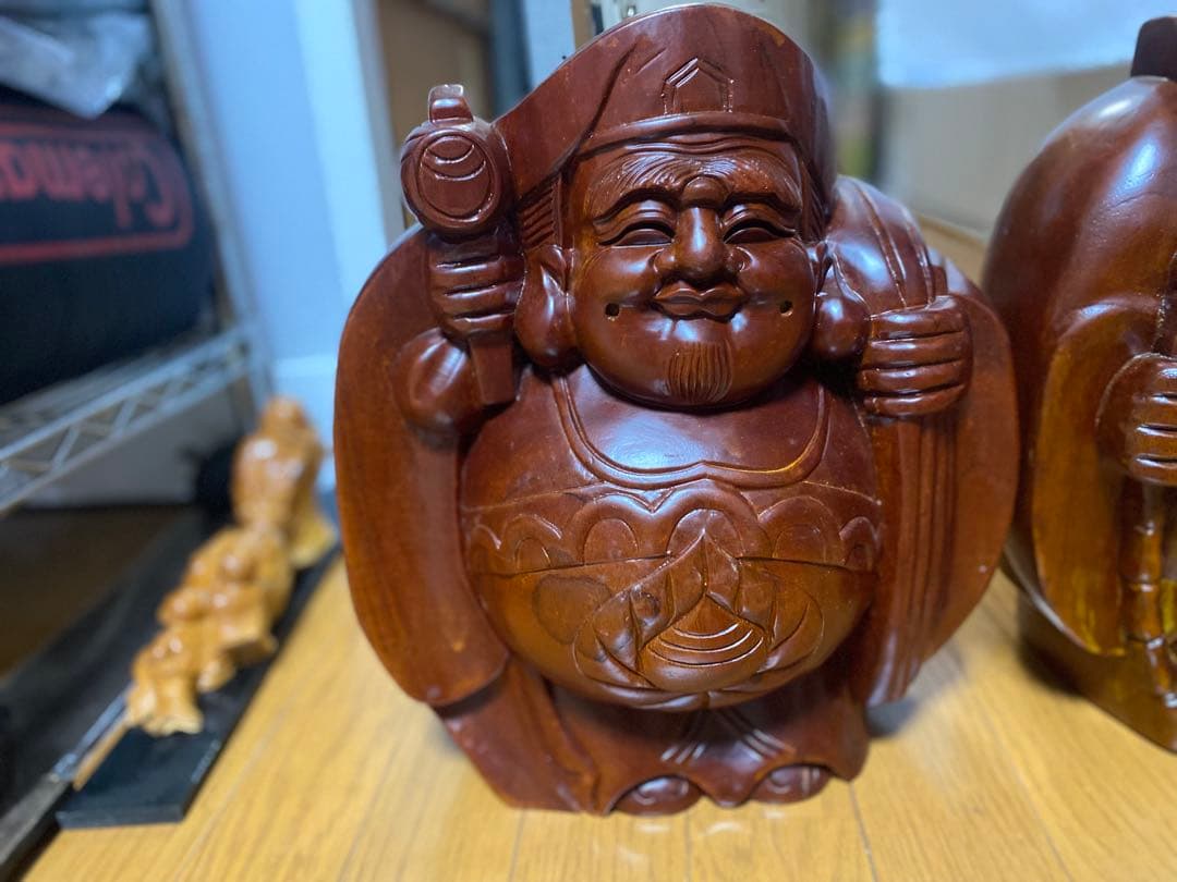 木彫り 大黒天 2体セット 高さ35cm 七福神 大型 置物 縁起物 重厚感
