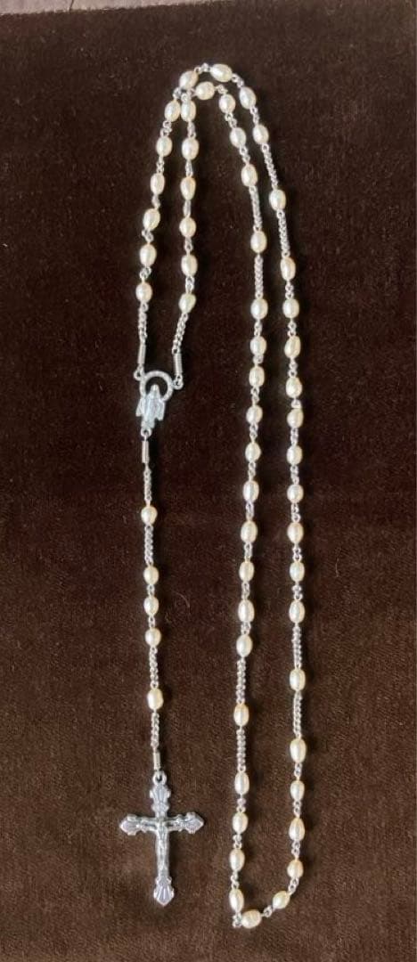 カトリック　淡水パール　手編みロザリオ　長崎編み