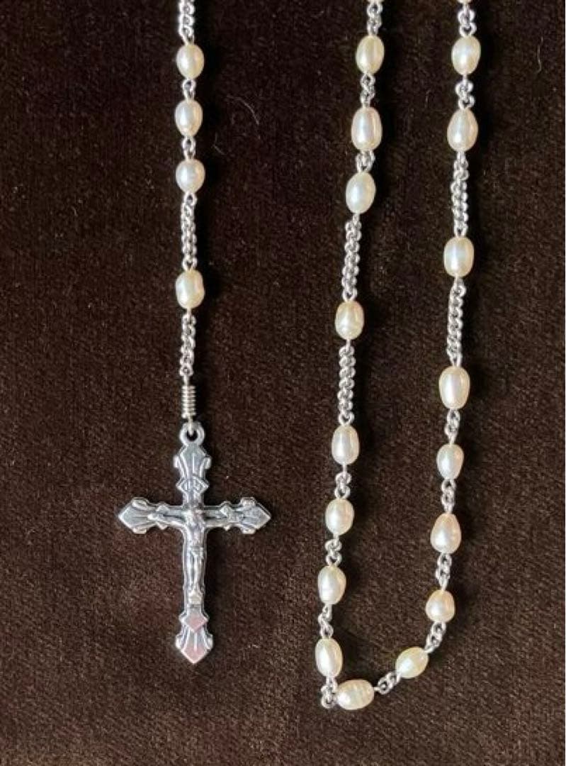 カトリック　淡水パール　手編みロザリオ　長崎編み