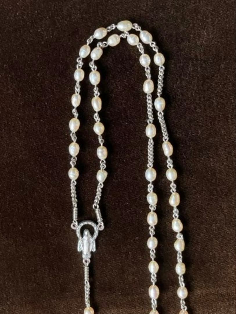 カトリック　淡水パール　手編みロザリオ　長崎編み