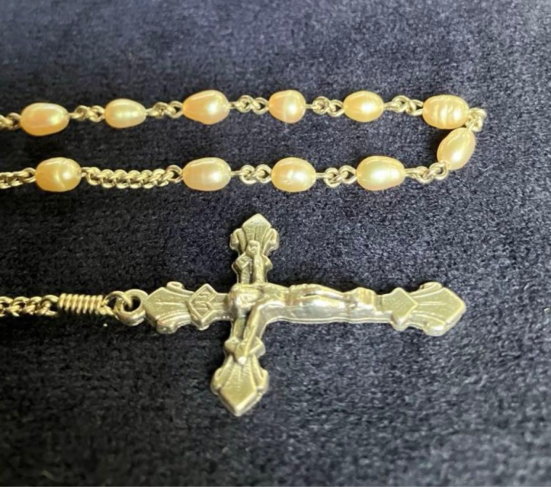 カトリック　淡水パール　手編みロザリオ　長崎編み