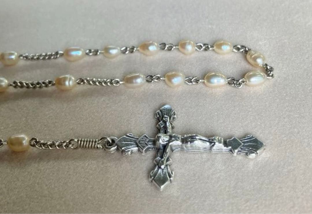 カトリック　淡水パール　手編みロザリオ　長崎編み