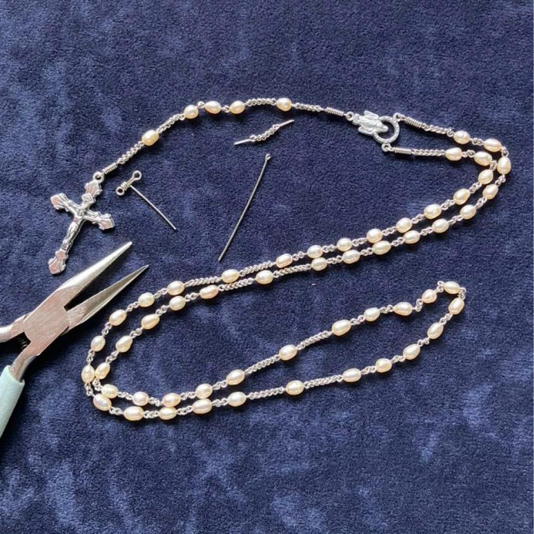 カトリック　淡水パール　手編みロザリオ　長崎編み