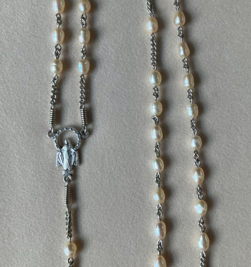 カトリック　淡水パール　手編みロザリオ　長崎編み