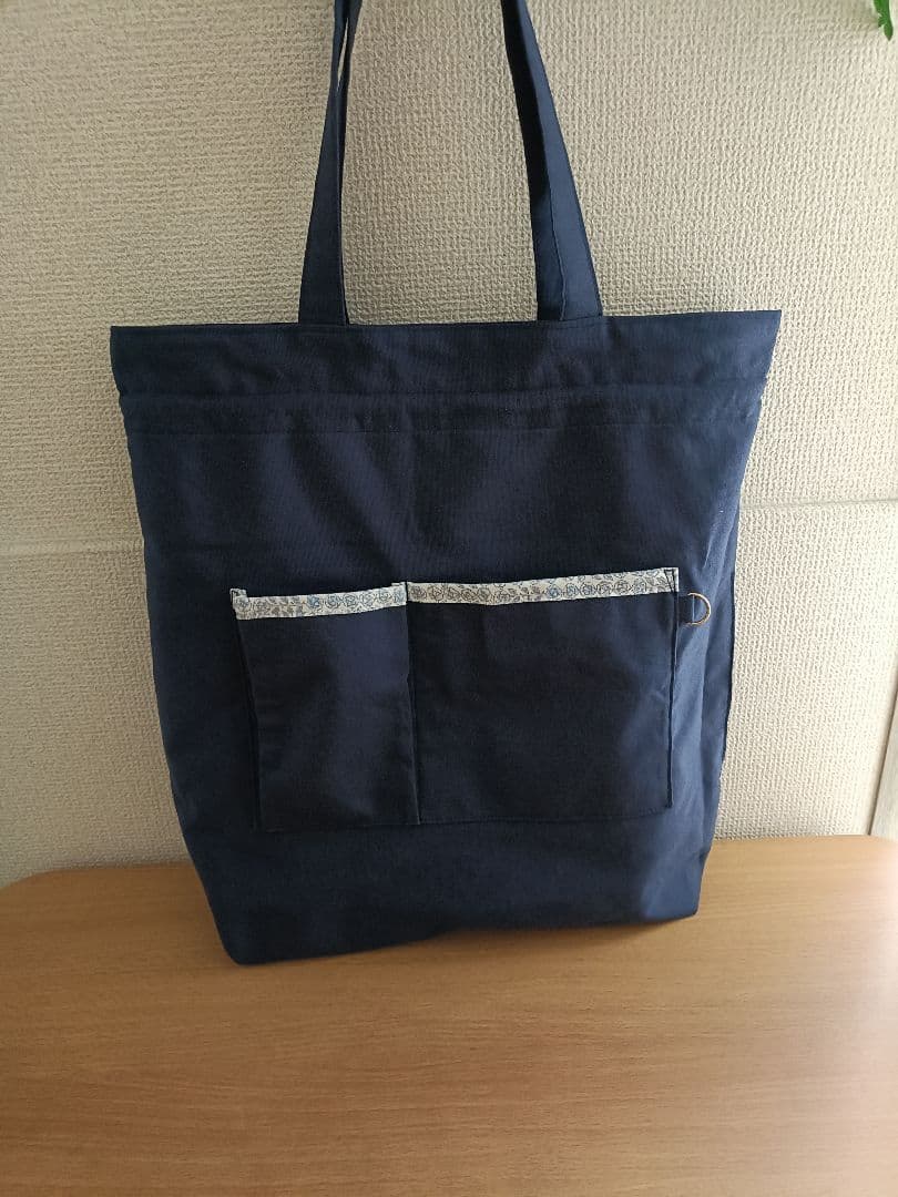 ハンドメイド 巾着ショルダーバッグ ミナペルホネン choucho使用 ネイビー