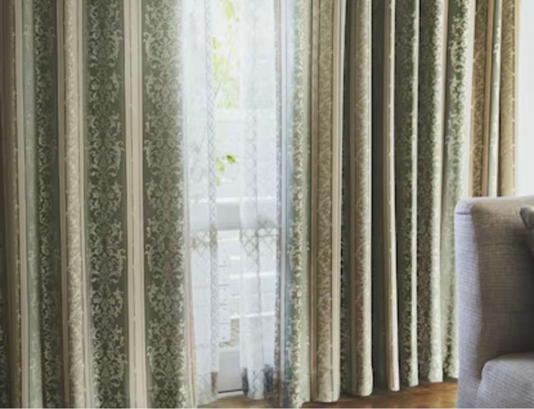 裏地付きオーダーカーテン シグナ グリーン 2倍ヒダ