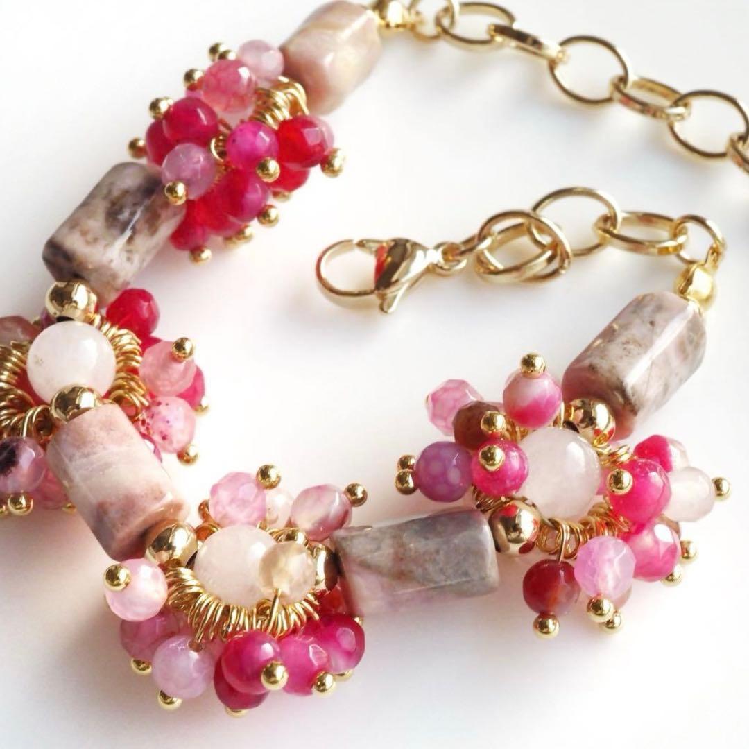 【ぴか】天然ロードナイト×瑪瑙のデザインブレスレット