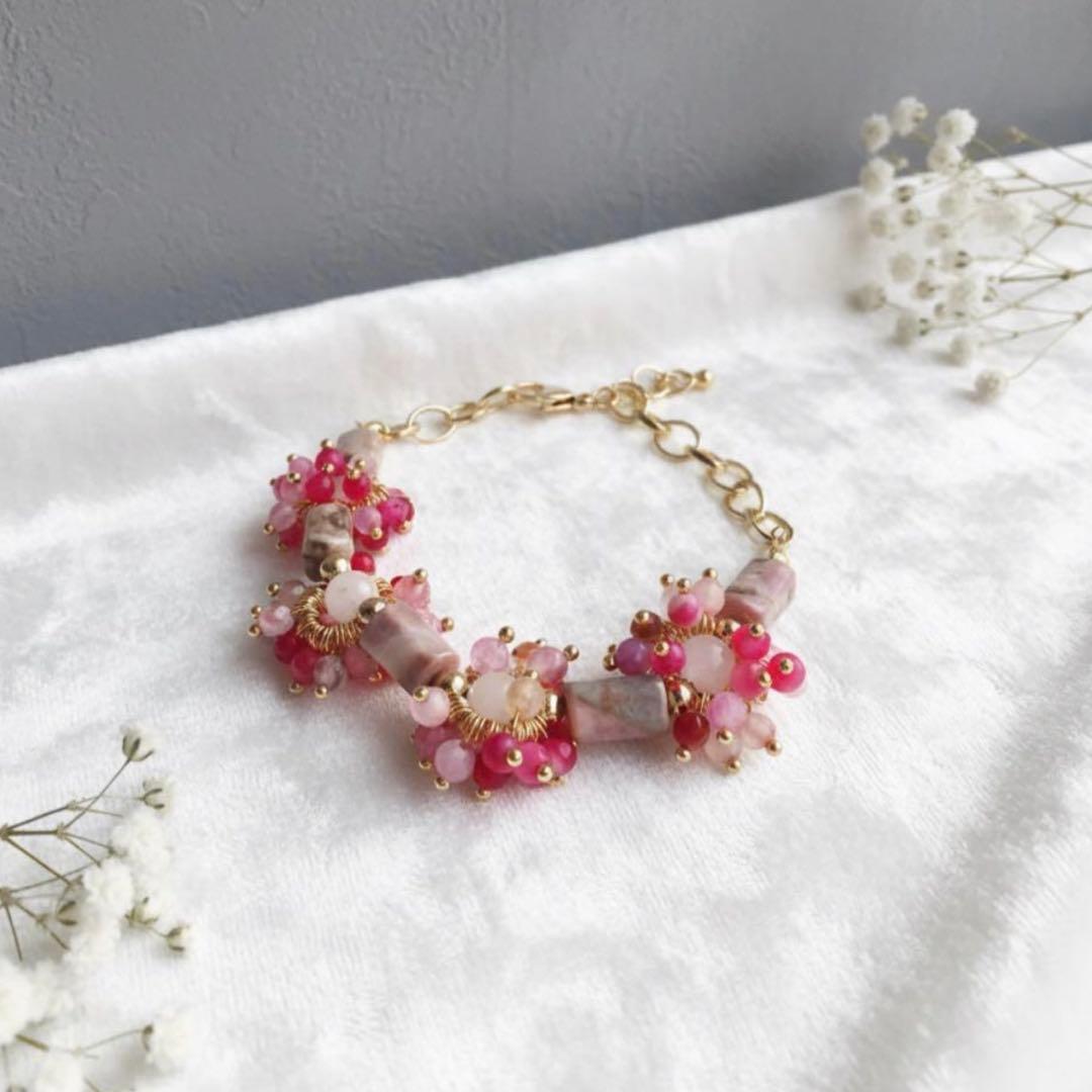 【ぴか】天然ロードナイト×瑪瑙のデザインブレスレット