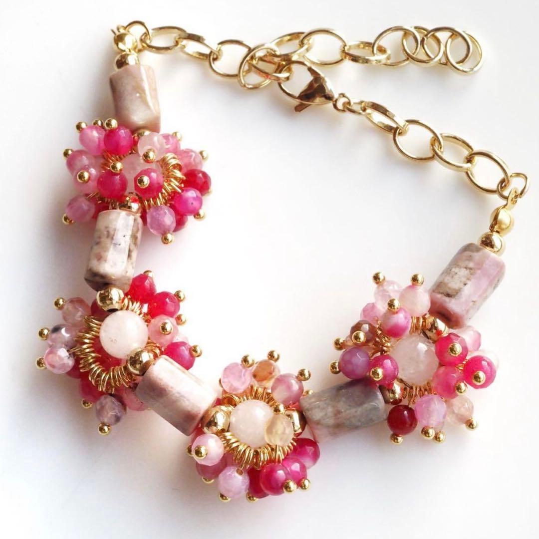 【ぴか】天然ロードナイト×瑪瑙のデザインブレスレット