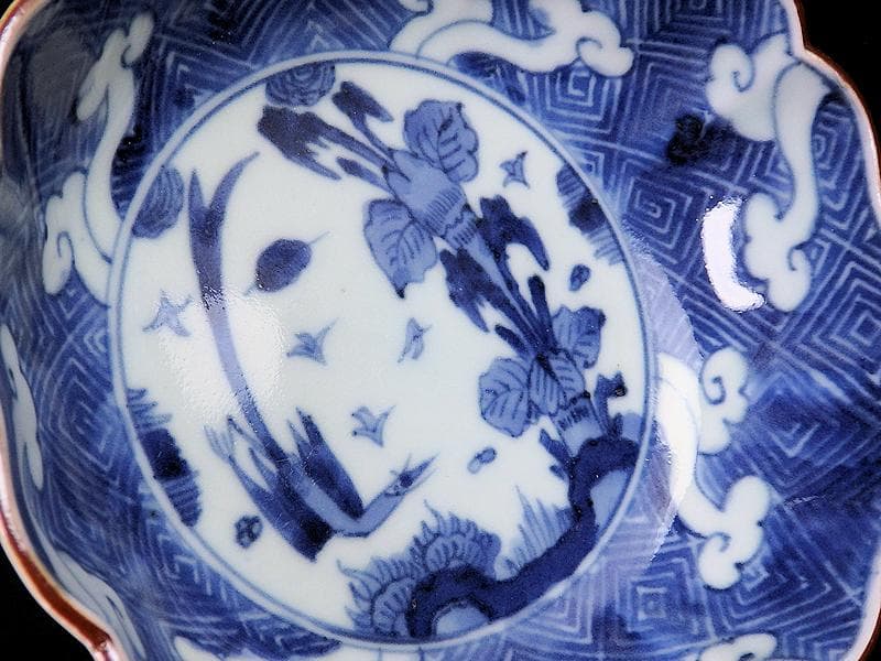 古伊万里　染付　雷紋に雲　花鳥紋の図　膾皿　２客　江戸期　E411AS-CEz