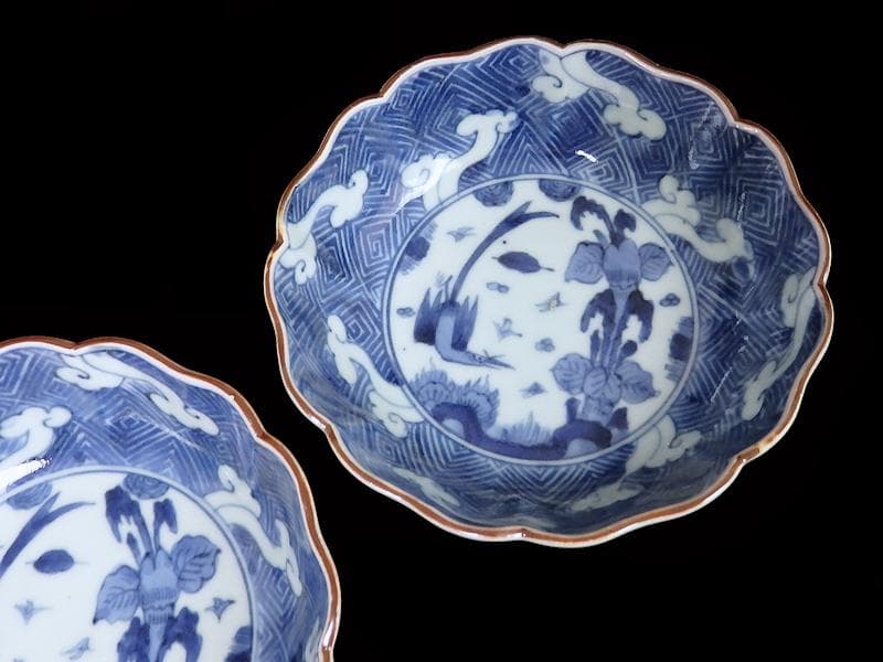 古伊万里　染付　雷紋に雲　花鳥紋の図　膾皿　２客　江戸期　E411AS-CEz