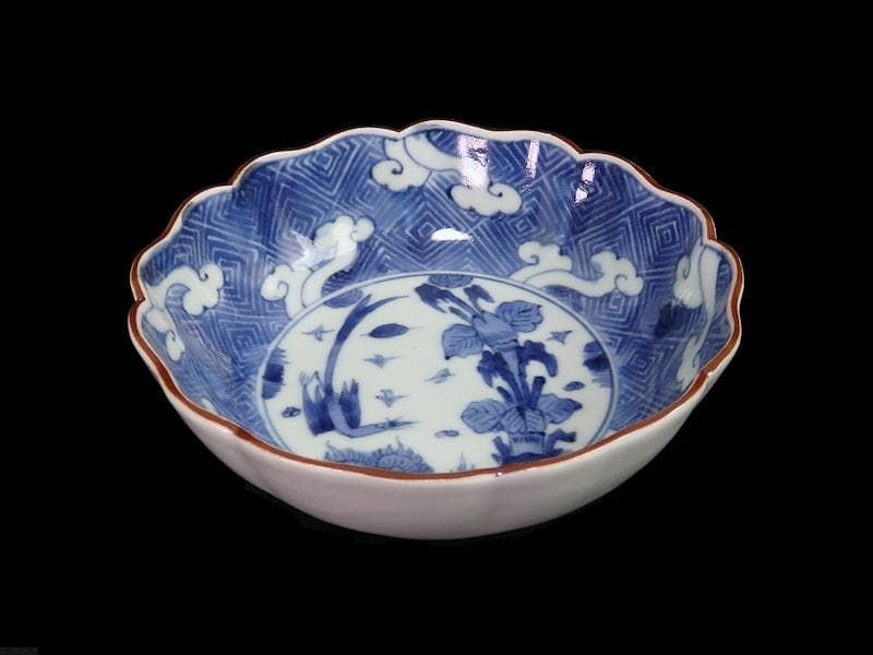 古伊万里　染付　雷紋に雲　花鳥紋の図　膾皿　２客　江戸期　E411AS-CEz