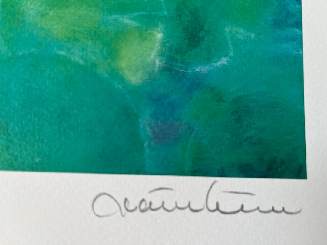 版画　限定　サイン、エデション番号有　額入り　グリーン系　ジニーキム　睡蓮　開運