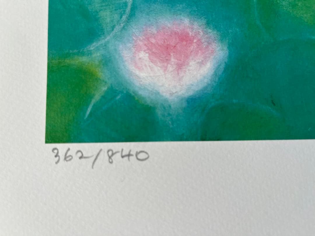 版画　限定　サイン、エデション番号有　額入り　グリーン系　ジニーキム　睡蓮　開運