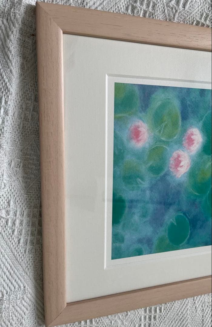 版画　限定　サイン、エデション番号有　額入り　グリーン系　ジニーキム　睡蓮　開運