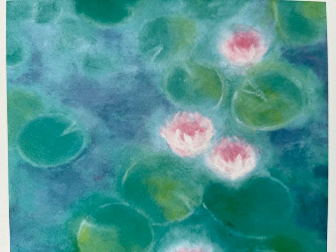 版画　限定　サイン、エデション番号有　額入り　グリーン系　ジニーキム　睡蓮　開運