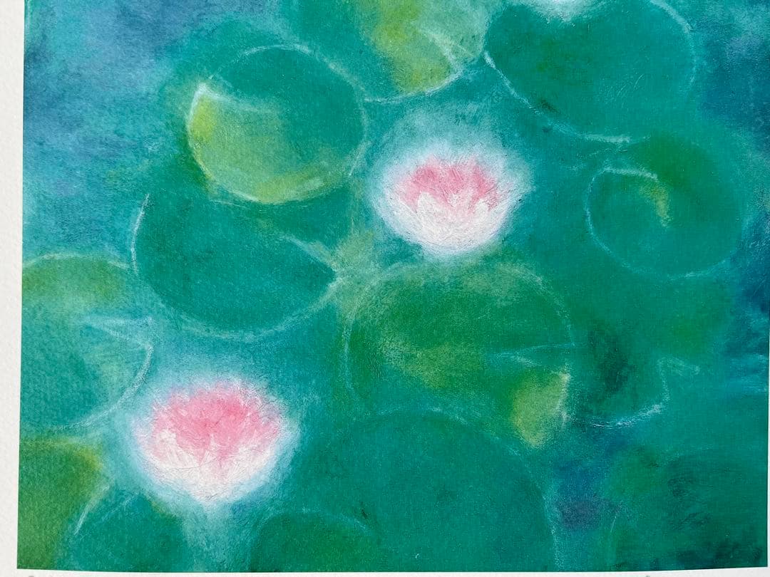 版画　限定　サイン、エデション番号有　額入り　グリーン系　ジニーキム　睡蓮　開運