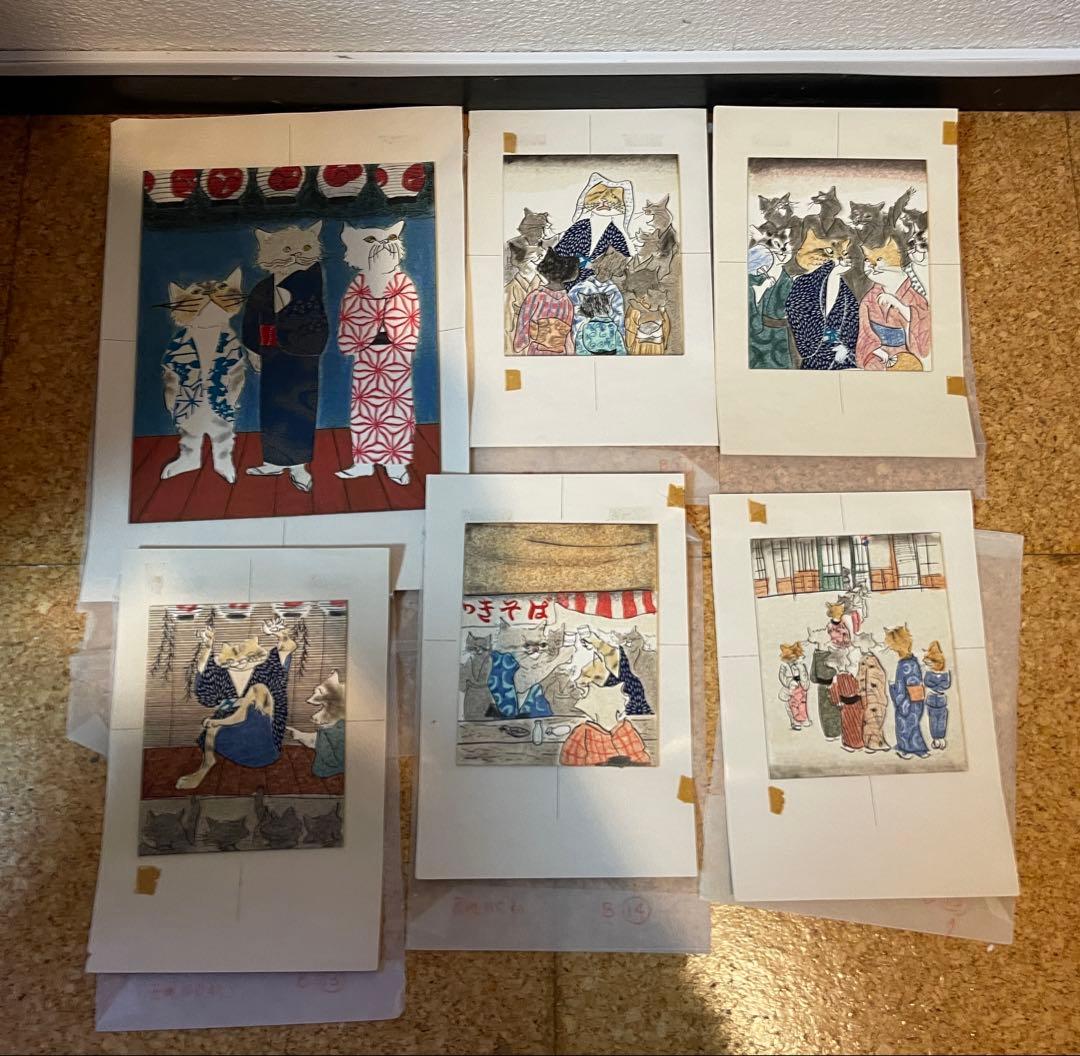 絵本肉筆原画 15点挿絵 原稿 三匹の猫　とこまさのはなし　珍品　小沢良吉