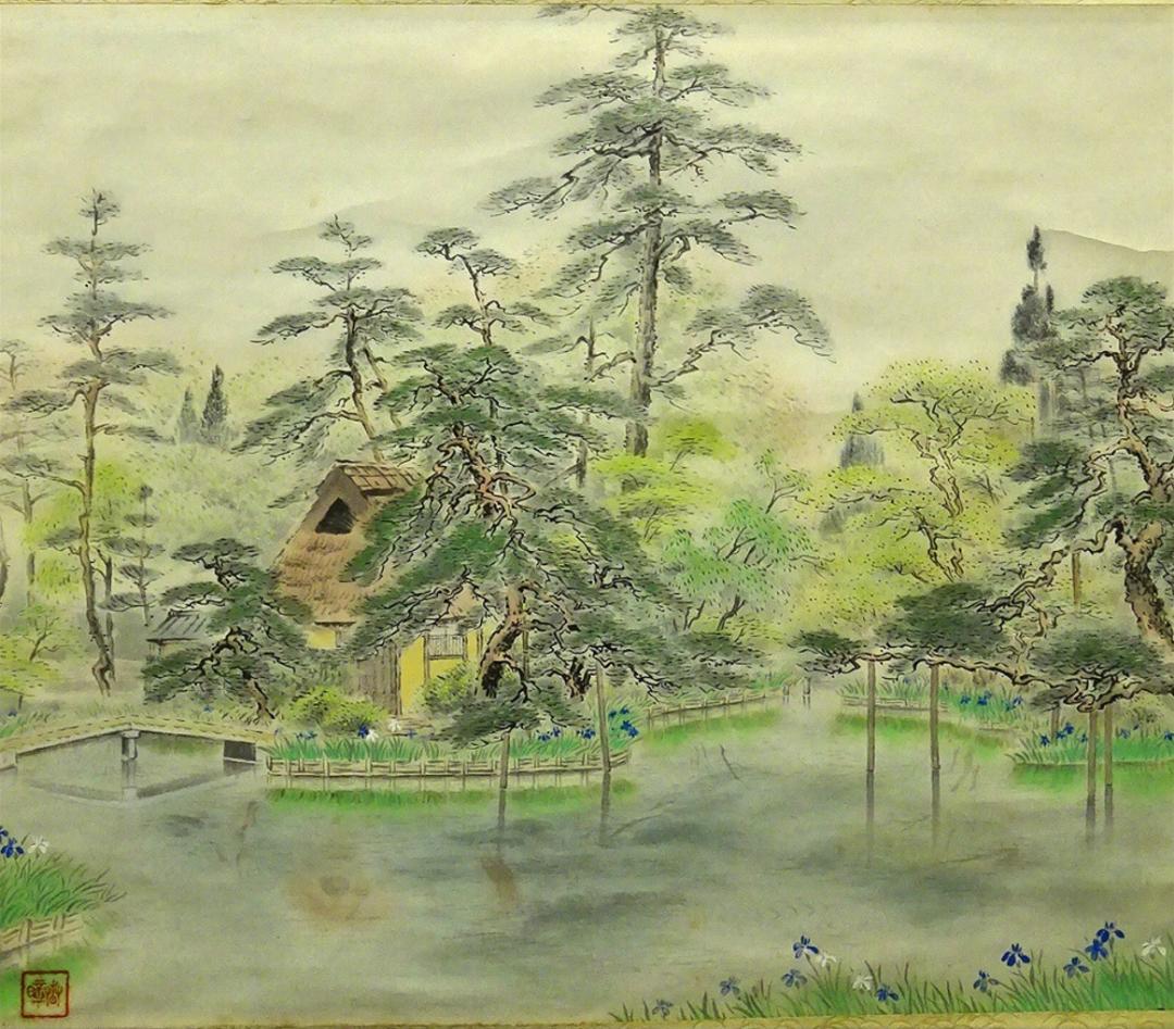 掛軸 春暲『梅之宮池辺』紙本 肉筆 共箱付 掛け軸 w04257