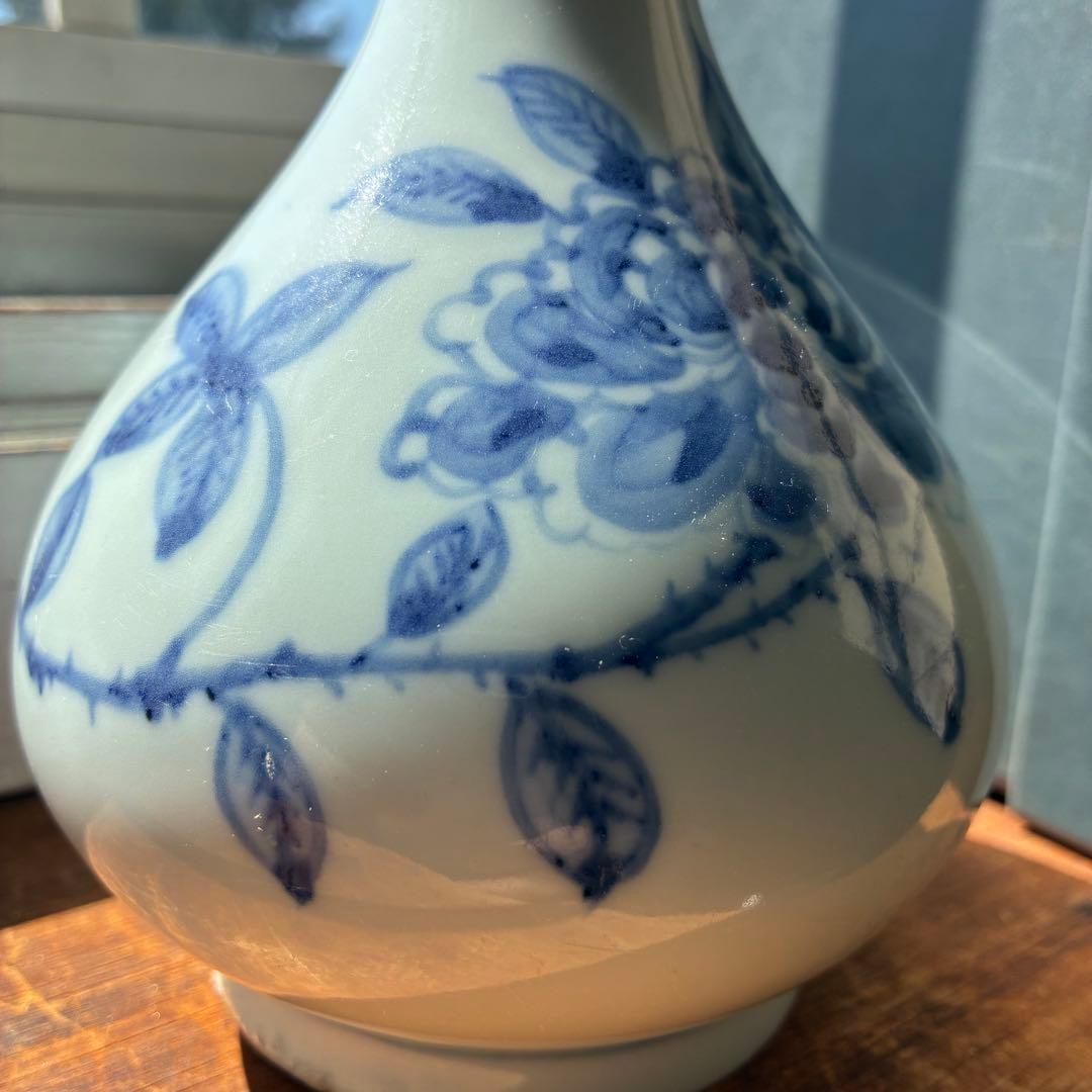 李朝 鶴首花入 分院 染付　朝鮮古陶磁器　牡丹文　鶴首瓶　首長　草花紋瓶