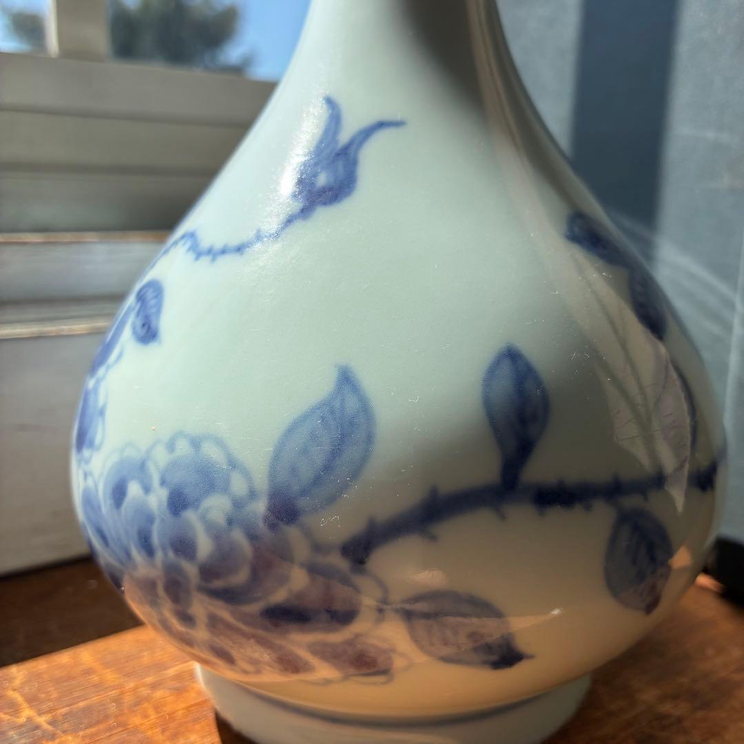 李朝 鶴首花入 分院 染付　朝鮮古陶磁器　牡丹文　鶴首瓶　首長　草花紋瓶