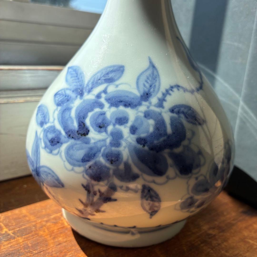 李朝 鶴首花入 分院 染付　朝鮮古陶磁器　牡丹文　鶴首瓶　首長　草花紋瓶