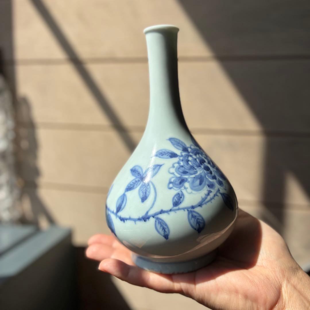 李朝 鶴首花入 分院 染付　朝鮮古陶磁器　牡丹文　鶴首瓶　首長　草花紋瓶