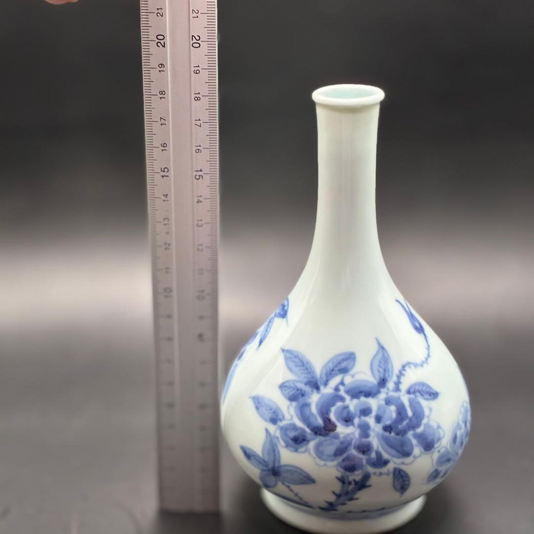 李朝 鶴首花入 分院 染付　朝鮮古陶磁器　牡丹文　鶴首瓶　首長　草花紋瓶