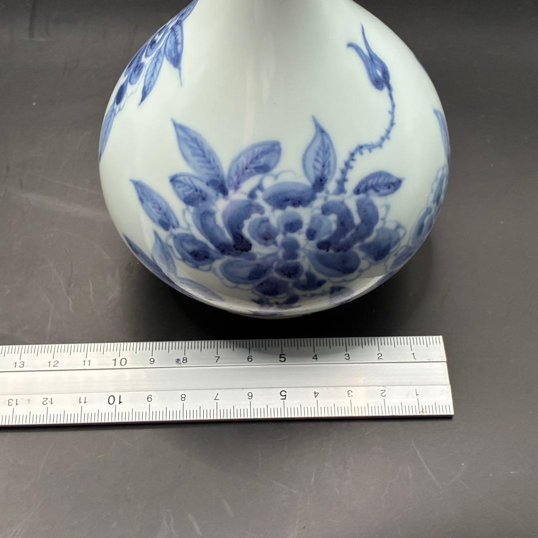 李朝 鶴首花入 分院 染付　朝鮮古陶磁器　牡丹文　鶴首瓶　首長　草花紋瓶