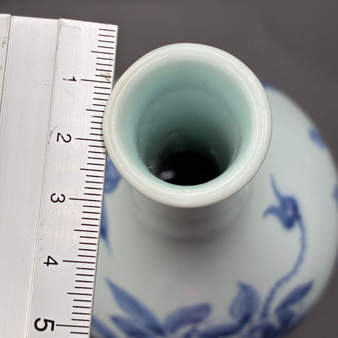 李朝 鶴首花入 分院 染付　朝鮮古陶磁器　牡丹文　鶴首瓶　首長　草花紋瓶