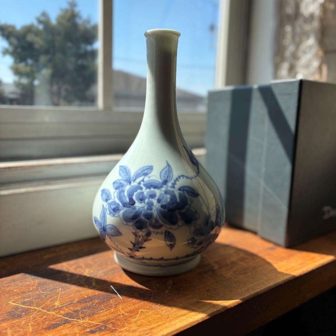 李朝 鶴首花入 分院 染付　朝鮮古陶磁器　牡丹文　鶴首瓶　首長　草花紋瓶