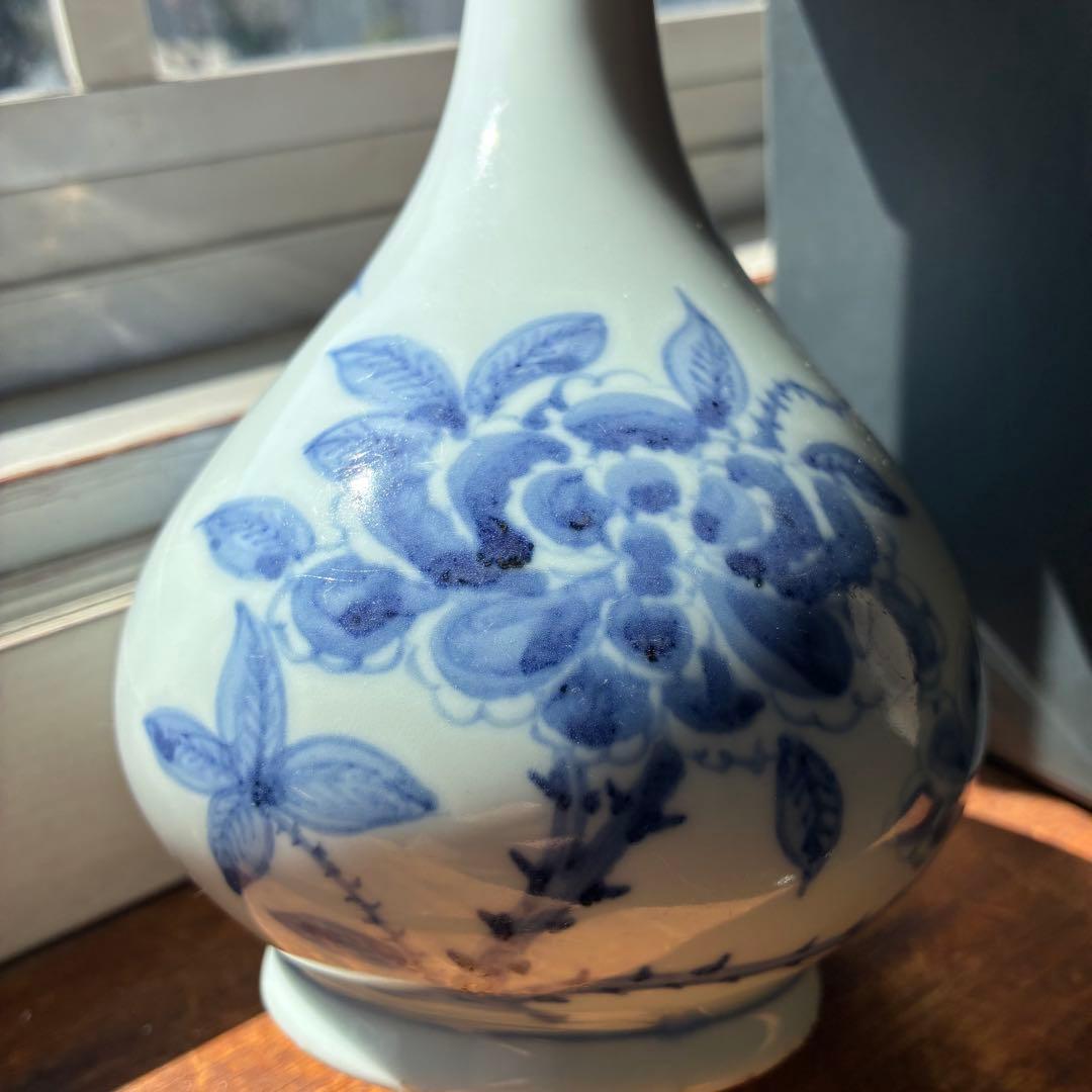 李朝 鶴首花入 分院 染付　朝鮮古陶磁器　牡丹文　鶴首瓶　首長　草花紋瓶