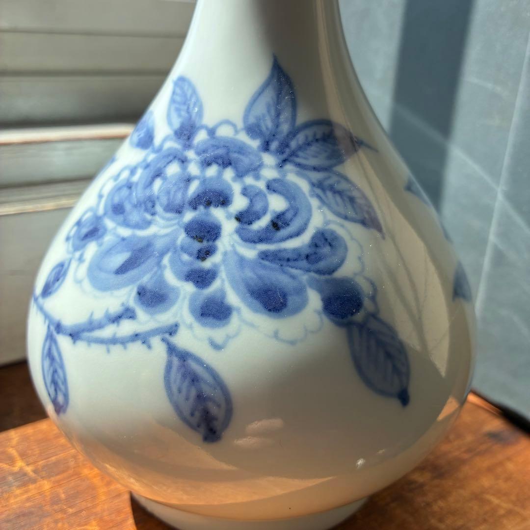 李朝 鶴首花入 分院 染付　朝鮮古陶磁器　牡丹文　鶴首瓶　首長　草花紋瓶
