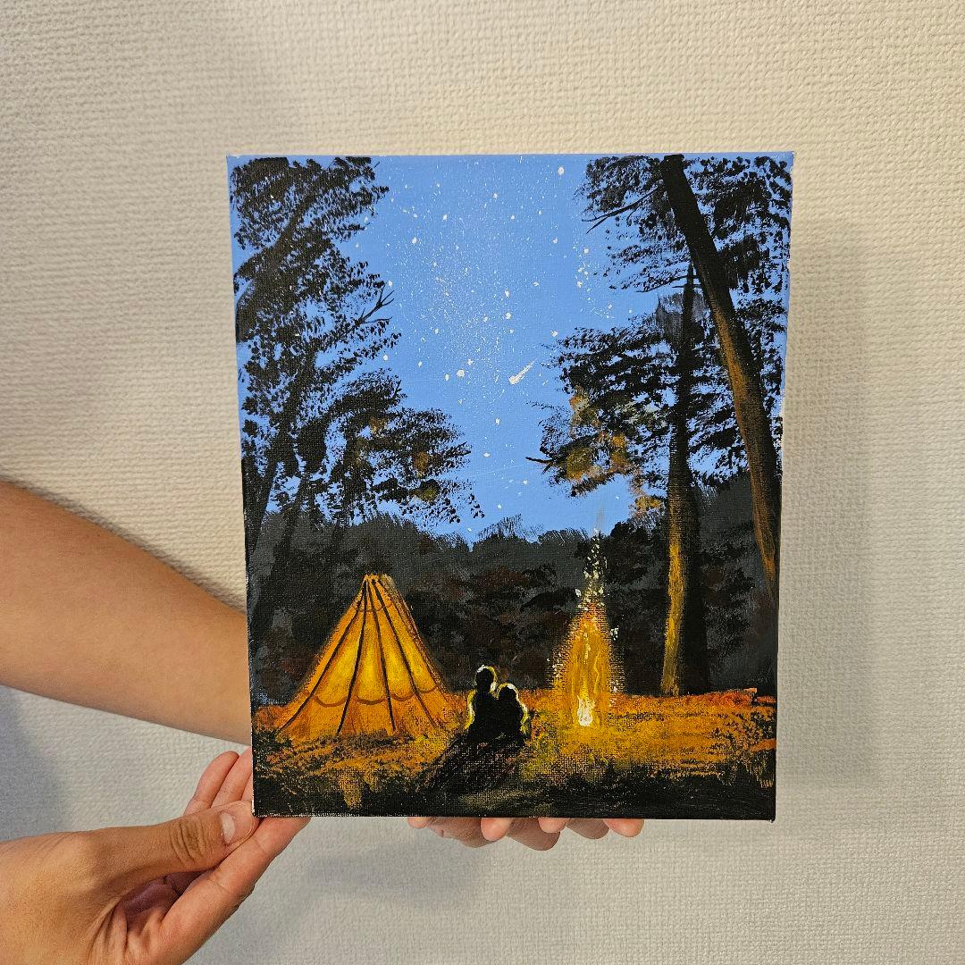 キャンプ 星空 アクリル画 約30cm x 30cm