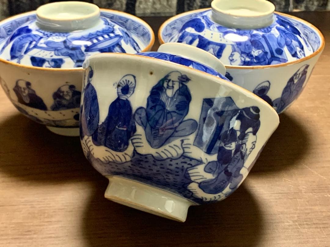 訳あり 幕末〜明治期 古伊万里 染付 羅漢図 蓋付茶碗 3客セット 手描き 骨董